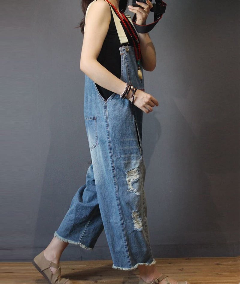 YESNO Women Casual Loose Cropped Denim Jumpsuits Rompers 90s Jeans Overalls Distressed Ripped Fringed/Pockets S P49 Blue - Image 3